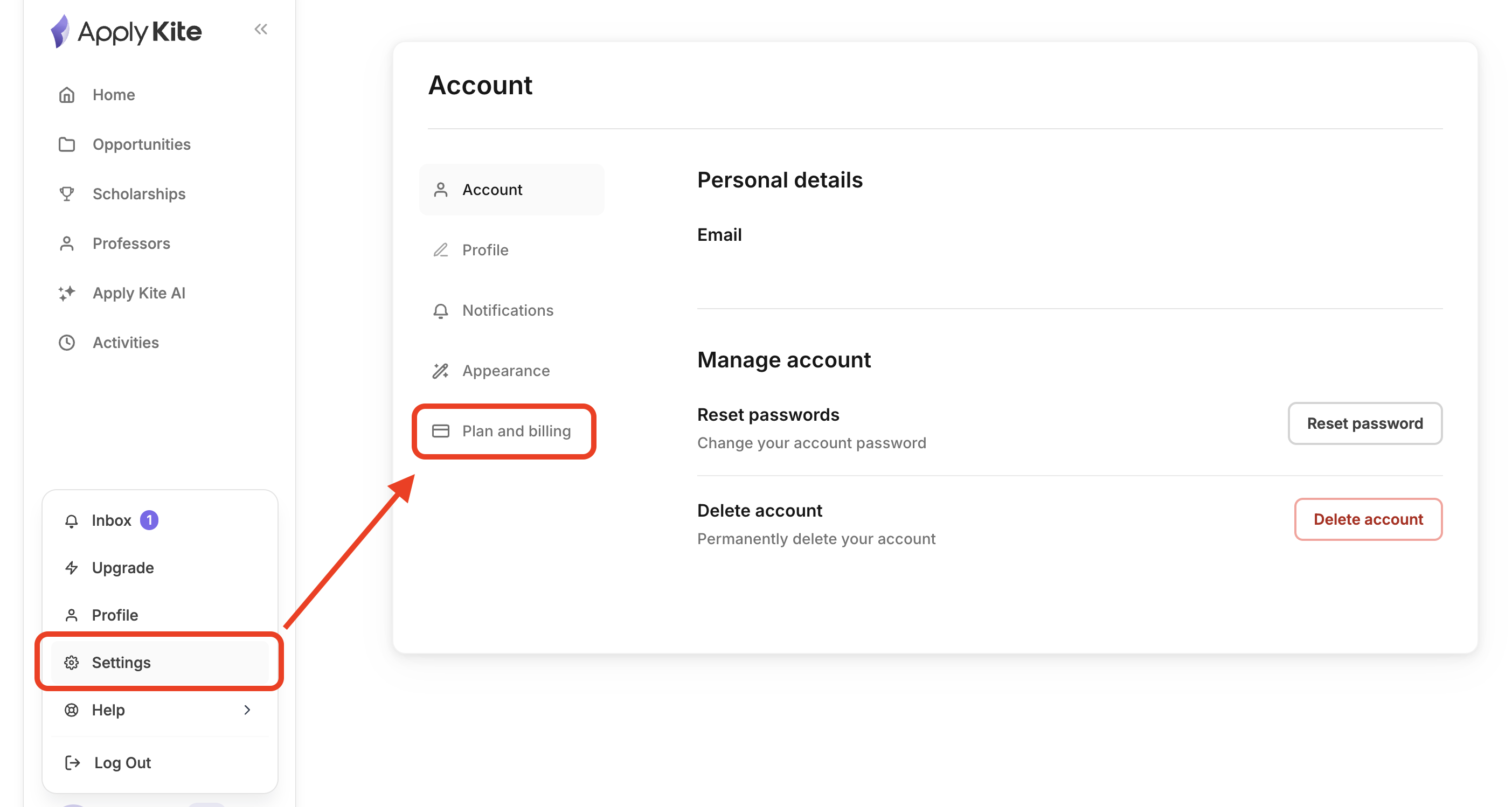 Profile menu